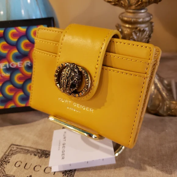 Kurt Geiger Yellow Leather Card Holder w/ Gold Eagle Emblem NIB! - Picture 2 of 8